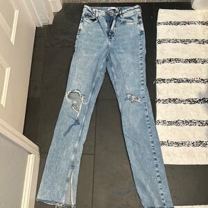 Zara Blue Straight Leg Jeans with Vintage Distressing